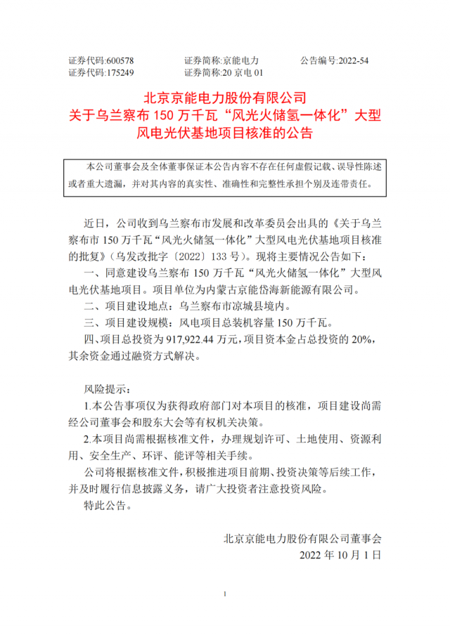 京能電力150萬千瓦“風(fēng)光火儲氫”基地獲批！
