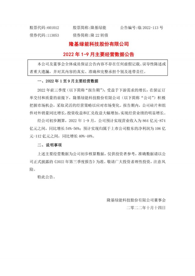隆基綠能：營收或超864億，預(yù)計前三季凈利或在106億元-112億元之間
