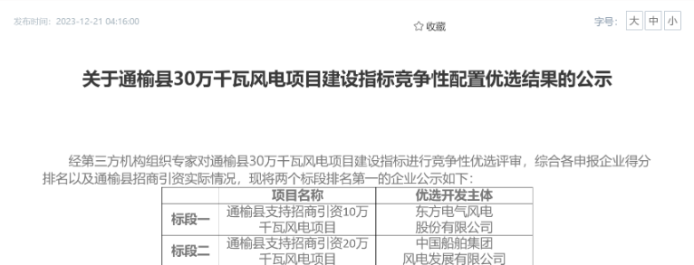 中船風(fēng)電、東方風(fēng)電獲風(fēng)電項(xiàng)目競配指標(biāo)